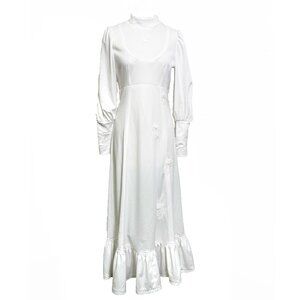 Vintage 1970s Prairie Boho Long Sleeve White Maxi Wedding Dress Bridal Gown